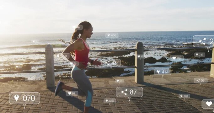 Female runner sprinting seaside promenade, movement showing pins, hearts, counters for fitness