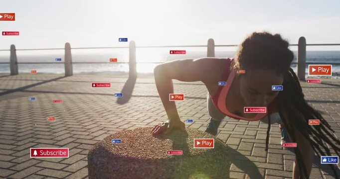 Woman placing hands on bollard, doing elevated push-ups for fitness, UI labels floating around her
