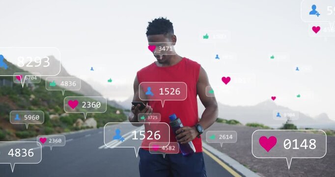 Phone notifications popping, adult man walking and scrolling, badges growing while seeking likes