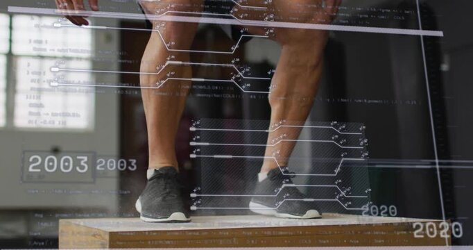 Man nearing plyo-box crouching exploding into box-jump landing and stabilizing training HUD moving