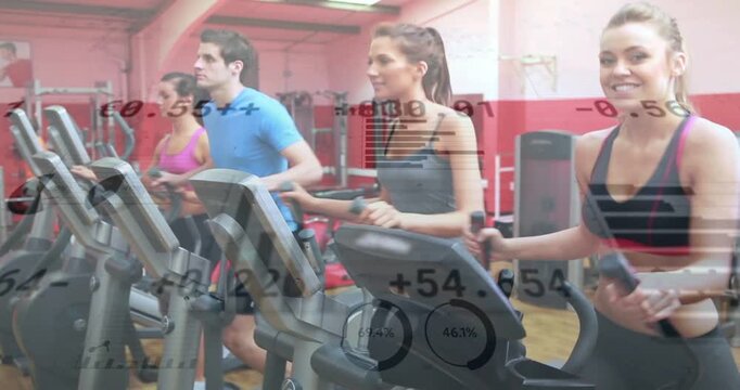 Exercising four adults pedaling on ellipticals at gym, in activewear, with consoles, data overlays