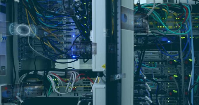 Panning camera revealing server cabinet with switches and patch panels in server room, HUD overlays