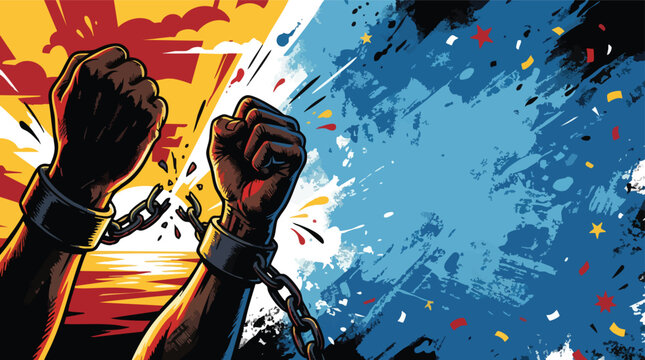Juneteenth Celebration with Fists and Broken Chains Against Abstract Background