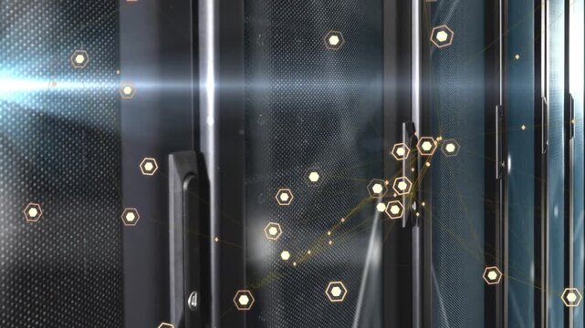 Data-center racks displaying network overlay on boot, gold nodes spawning, connecting, monitoring