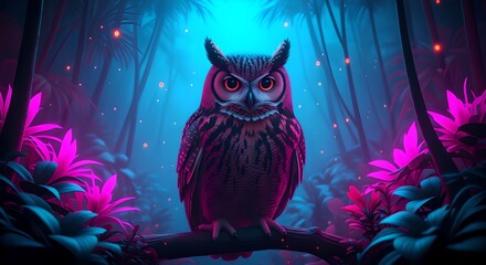 Obraz premium Enchanting Owl Perched on a Branch in a Mystical, Neon-Lit Forest at Night