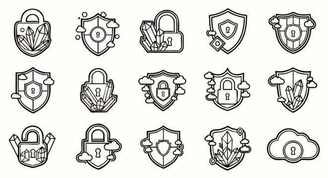 Cybersecurity and Data Protection Line Art Icons Set: Cloud Computing, Digital Security, Encrypted Access, and Privacy Shields for Web and Mobile Applications