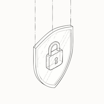 Minimalist isometric line art of a shield with a padlock, illustrating robust digital security, data privacy, and online protection concepts.