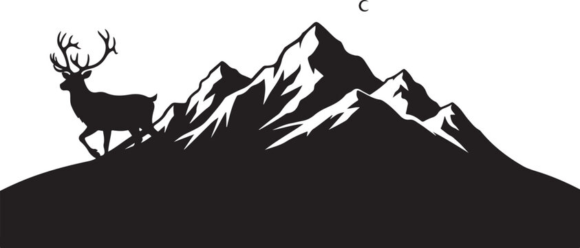 Deer standing on mountain peak at night in silhouette style