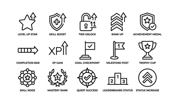 Gaming achievement icons: level, skill boost, rank, trophy, xp gain, milestone symbols