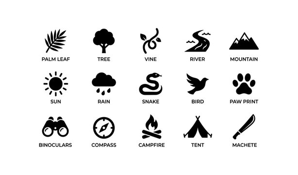Nature adventure icons: palm leaf, river, mountain, compass, machete