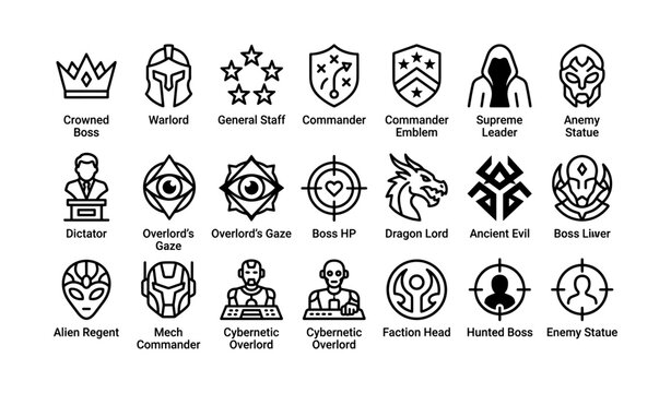Icon set of fantasy characters and symbols with mythical elements