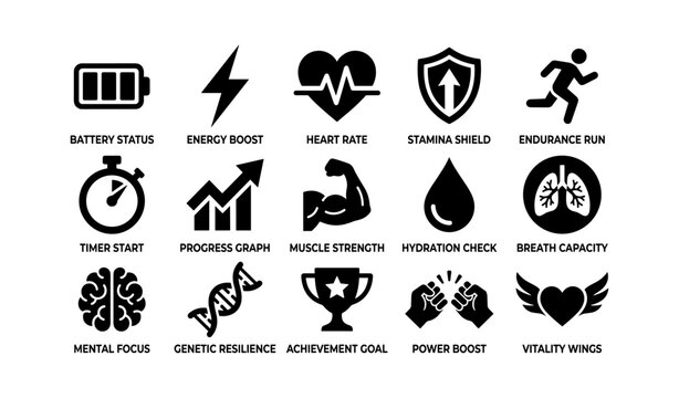 Fitness icon set: battery, energy, heart, shield, running, timer, progress, muscle, hydration, breath