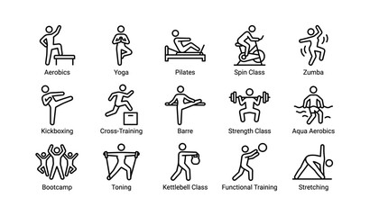 Obraz premium Fitness class icons: aerobics, yoga, pilates, cycling, zumba, kickboxing, strength, bootcamp