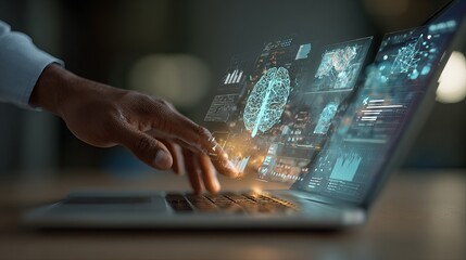 Person's hand uses AI on a laptop, showing data analysis, learning, and automated systems working together.