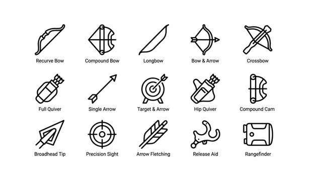 Archery equipment icons: bows, arrows, quivers, and accessories