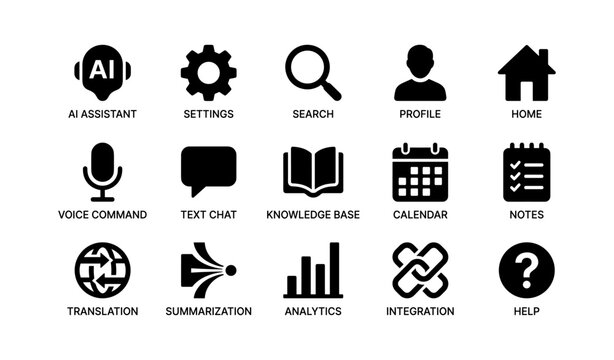 Interface icons for ai, search, and user tools including voice, text, and data integration