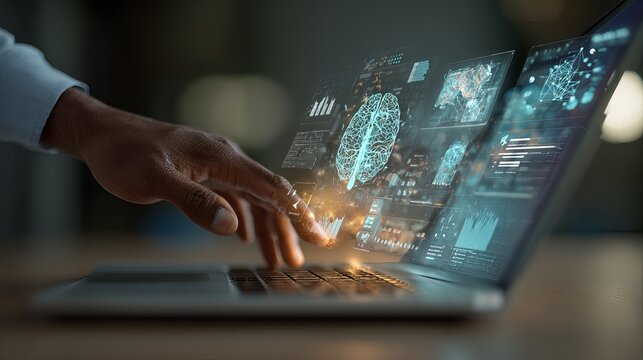 Person's hand uses AI on a laptop, showing data analysis, learning, and automated systems working together.