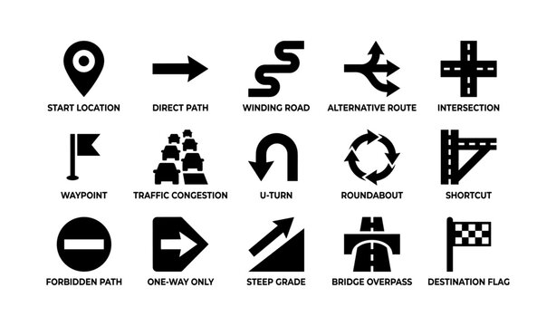 Navigation symbols and road signs for directions and travel guidance