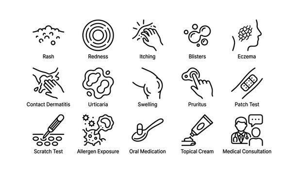 Skin allergy diagnosis and treatment methods illustrated icons set