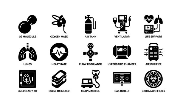 Medical equipment icons featuring oxygen mask, ventilator, heart rate, and emergency kit