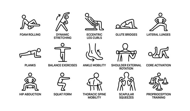 Dynamic exercise icons: diverse fitness routine for full-body flexibility and strength