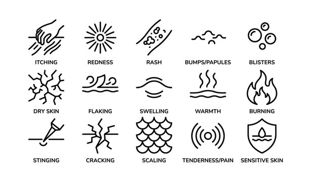 Sixteen dermatological symptoms: icons of skin conditions and reactions