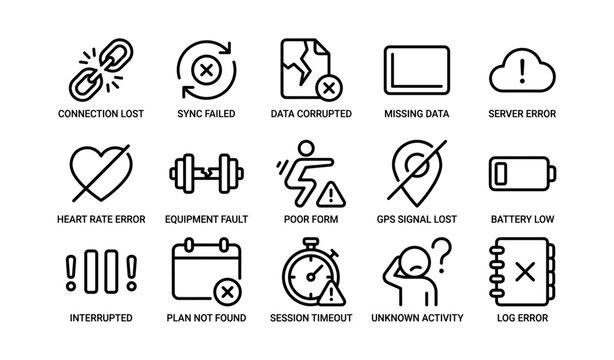 Set of icon illustrations indicating various technical and fitness issues