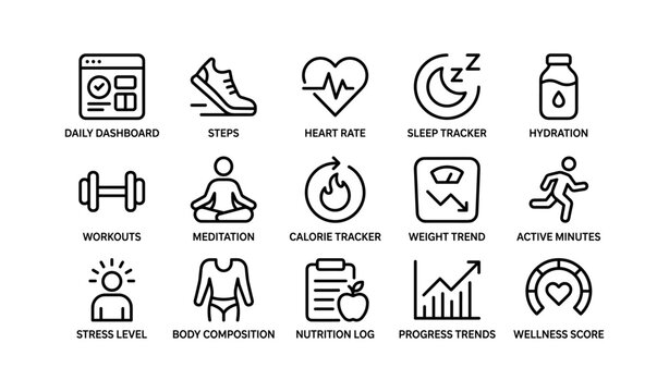 Health and fitness icons: trackers for steps, heart rate, sleep, and wellness
