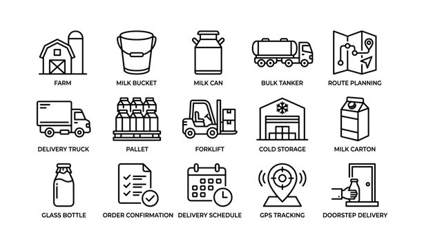 Dairy supply chain icons including farm, milk bucket, bulk tanker, and delivery elements