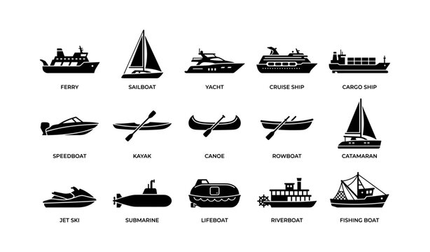 Types of boats and ships: icons including ferry, yacht, sailboat, and submarine