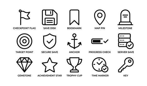 Icon set featuring flags, save disk, bookmark, map pin, milestone, security, anchor, progress, server