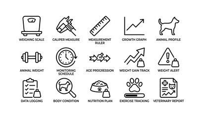 Fototapeta premium Animal weight monitoring icons: scale, measurement, tracking, veterinary report