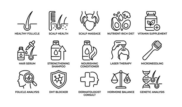 Hair health solutions icons: follicle, scalp, diet, vitamins, haircare, treatments, genetics