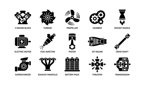 Icons of engine components including v-engine, turbine, piston, and gearbox