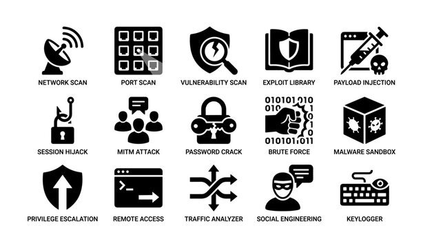 Cybersecurity icons: scanning, exploits, attacks, and defense techniques