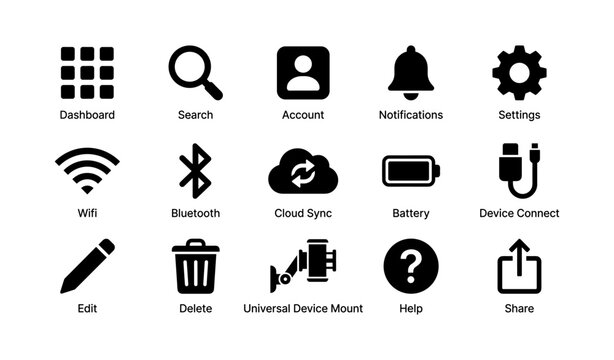 Set of 16 black icon designs for interface navigation and mobile applications