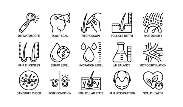 Hair and scalp health icons featuring dermatology and hair analysis tools