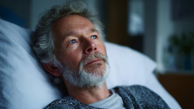 A contemplative elderly man with a thoughtful expression gazes away while resting in a serene environment, conveying a sense of reflection and inner peace.