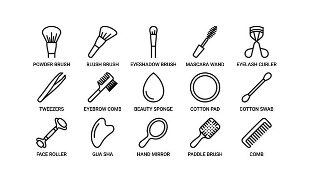 Minimalist black and white beauty tools icons set for makeup and skincare