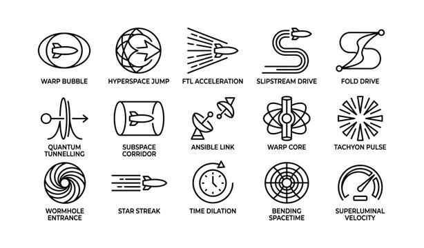 Futuristic space travel icons: warp, hyperspace, tachyon, ansible, time