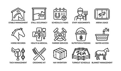 Fototapeta premium Equestrian facility icons: management, tasks, health, feeding, and grooming essentials