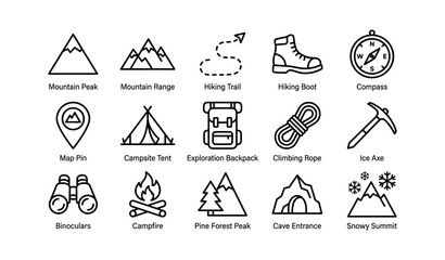 Fototapeta premium Camping and hiking icons: mountain peaks, equipment, and adventure symbols