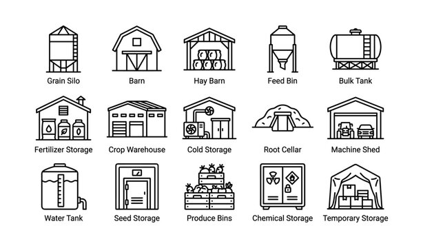 Agricultural storage icons: silo, barn, hay, bin, tank, warehouse, shed