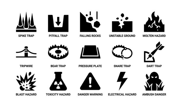 Illustration of various hazard and trap icons in black and white