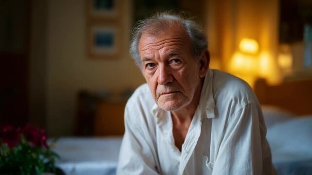 A contemplative elder man, reflecting on life, captured in two frames showcasing his thoughtful expression and soft lighting in a cozy indoor setting.