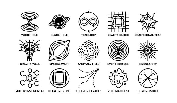 Abstract symbols representing time, space, and cosmology concepts