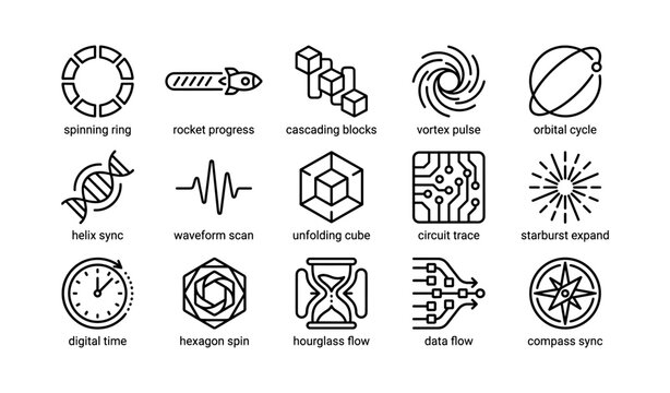 Geometric icons: spinning ring, rocket, vortex, helix, digital clock, circuit, compass patterns