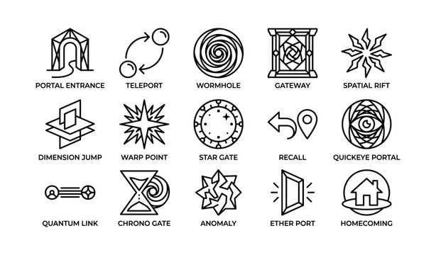 Futuristic icons of portals and dimensional travel with symbols of gates and portals