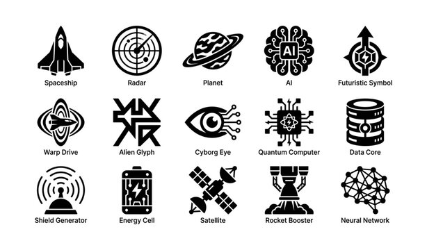 Futuristic space and technology symbols: spaceship, ai, quantum, satellite, neural