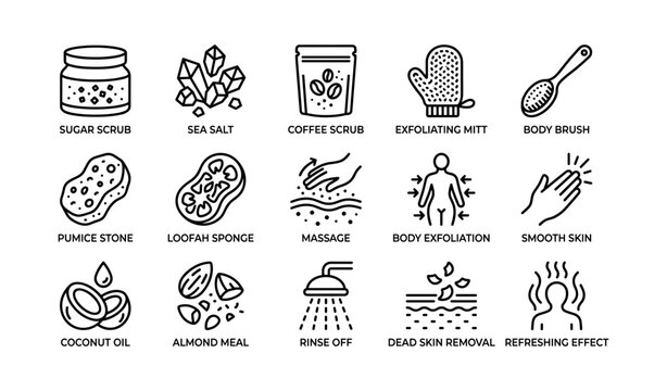 Skincare icons featuring exfoliation tools and natural ingredients for smooth skin